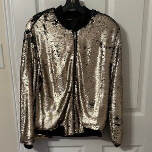 stradivarius Gold and Black Sequin Bomber Jacket
